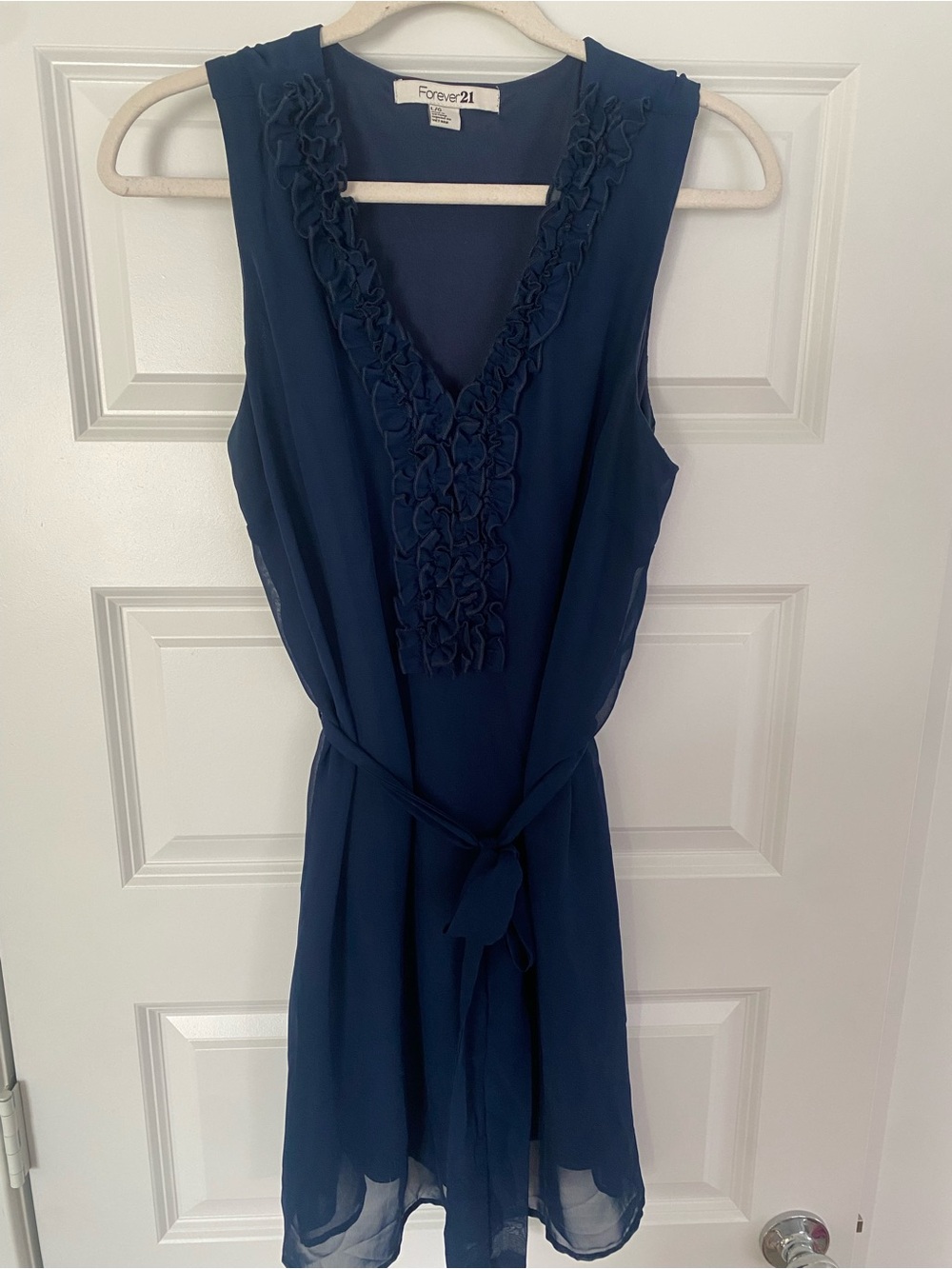 Forever 21 Navy Ruffle V-Neck Tie-Waist Chiffon Dress